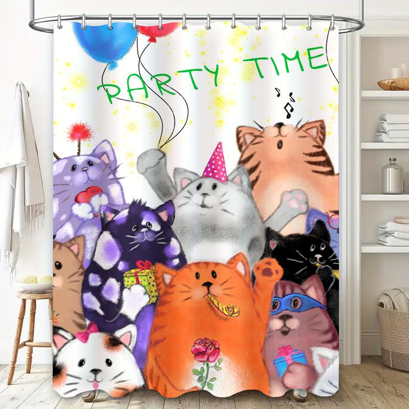 Party Time Cat Shower Curtain Set Cute Cartoon Print Decorative Bathroom Liner for Kids Room