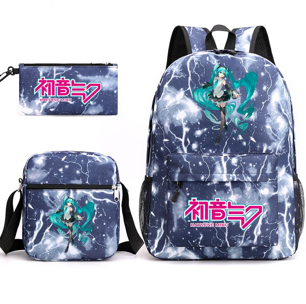 3Pcs/set Anime Cartoon Hatsune Miku Printed Backpack with Shoulder Bag Pencil Case for Teenager Student Boy Girl Large Capacity Waterproof Schoolbag