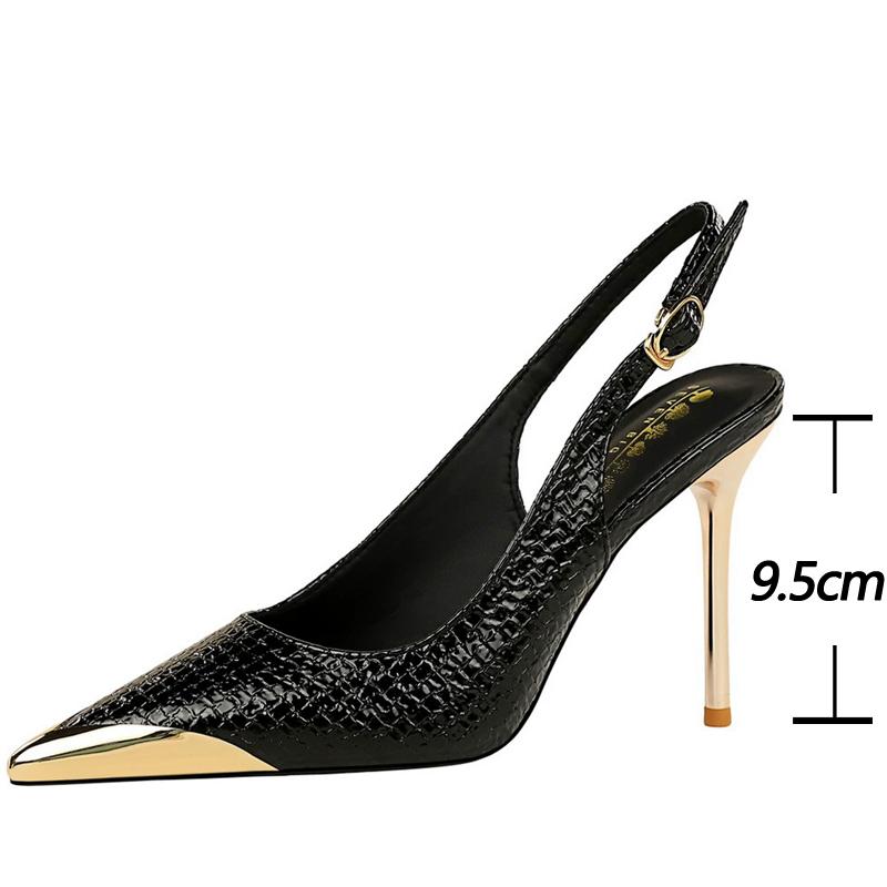 Women 9.5 cm Heels Metal pointed tip Women Pumps Hollow out hook strap High heeled sandals Women Summer Shoes Sexy party shoes