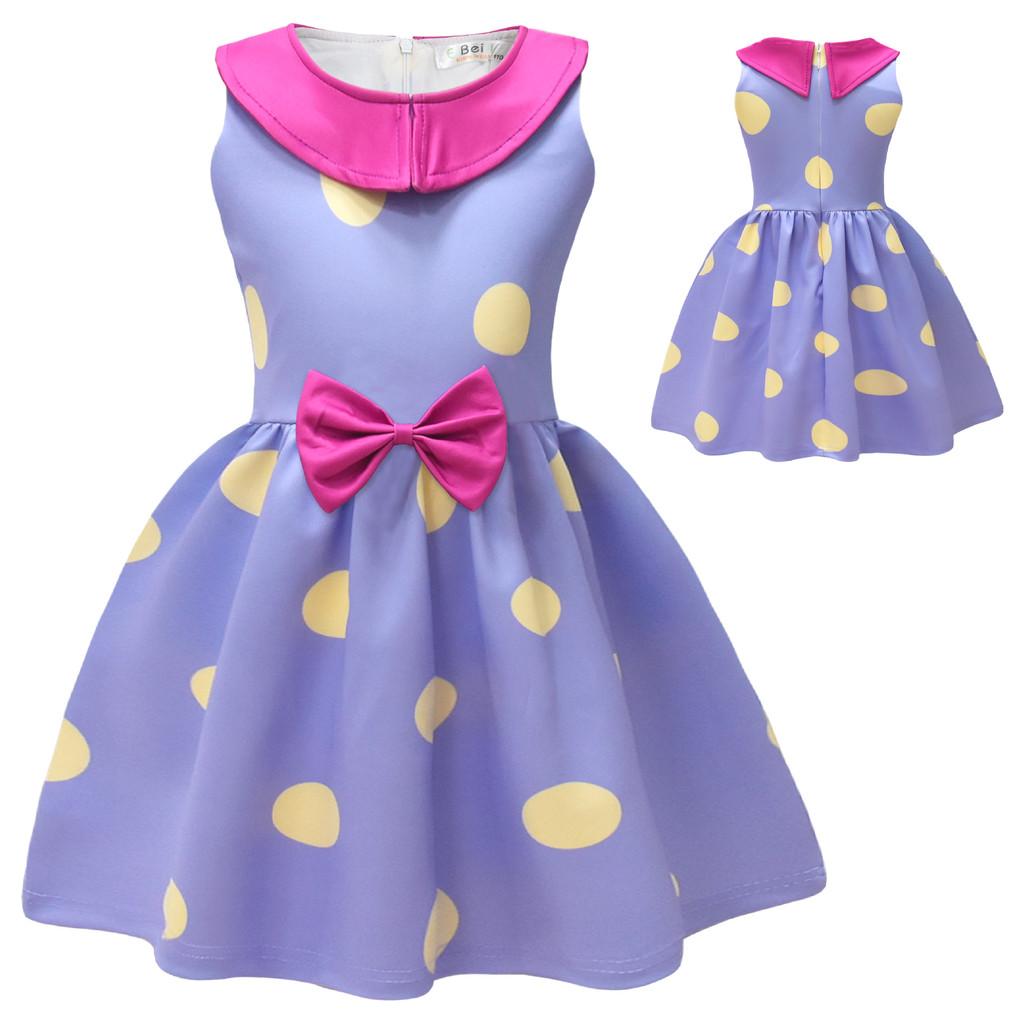 Girls Cotton Blend Sleeveless Bow Dress With Polka Dot Print For Spring And Fall