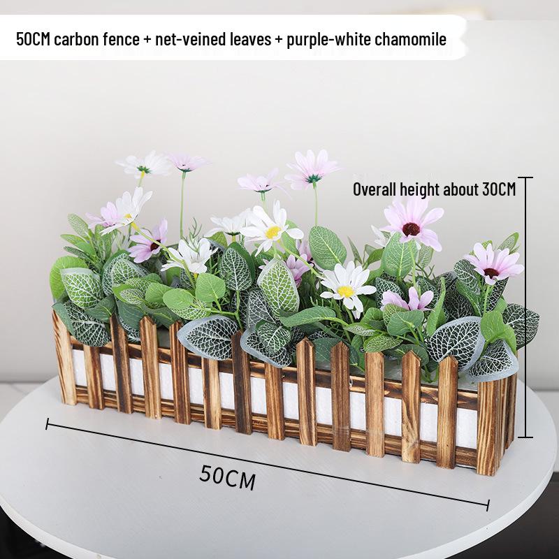 Silk Flower Pot with Wood Fence: Decorative Bonsai for Living Room or Office.