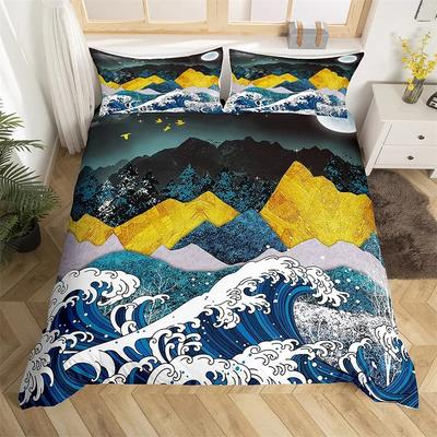 Housse de Couette Montagne Microfibre Abstraite Paysage Naturel Housse de Couette Vague Japonaise Arbre Lune Ensemble de Literie King Pour Enfants Adultes