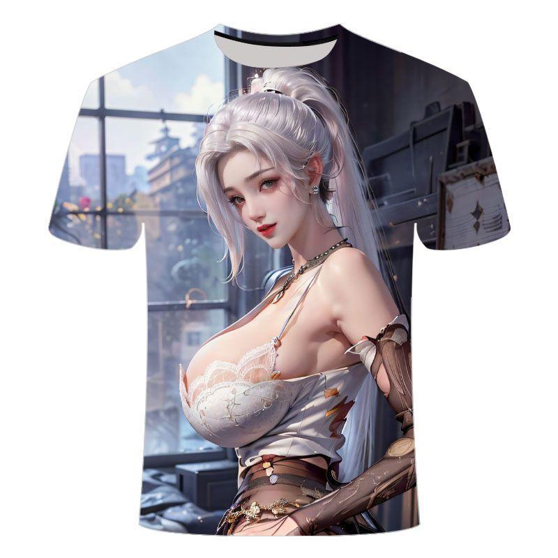Camiseta casual plus size estampada com gola redonda e manga curta anime 3D de verão para homens e mulheres