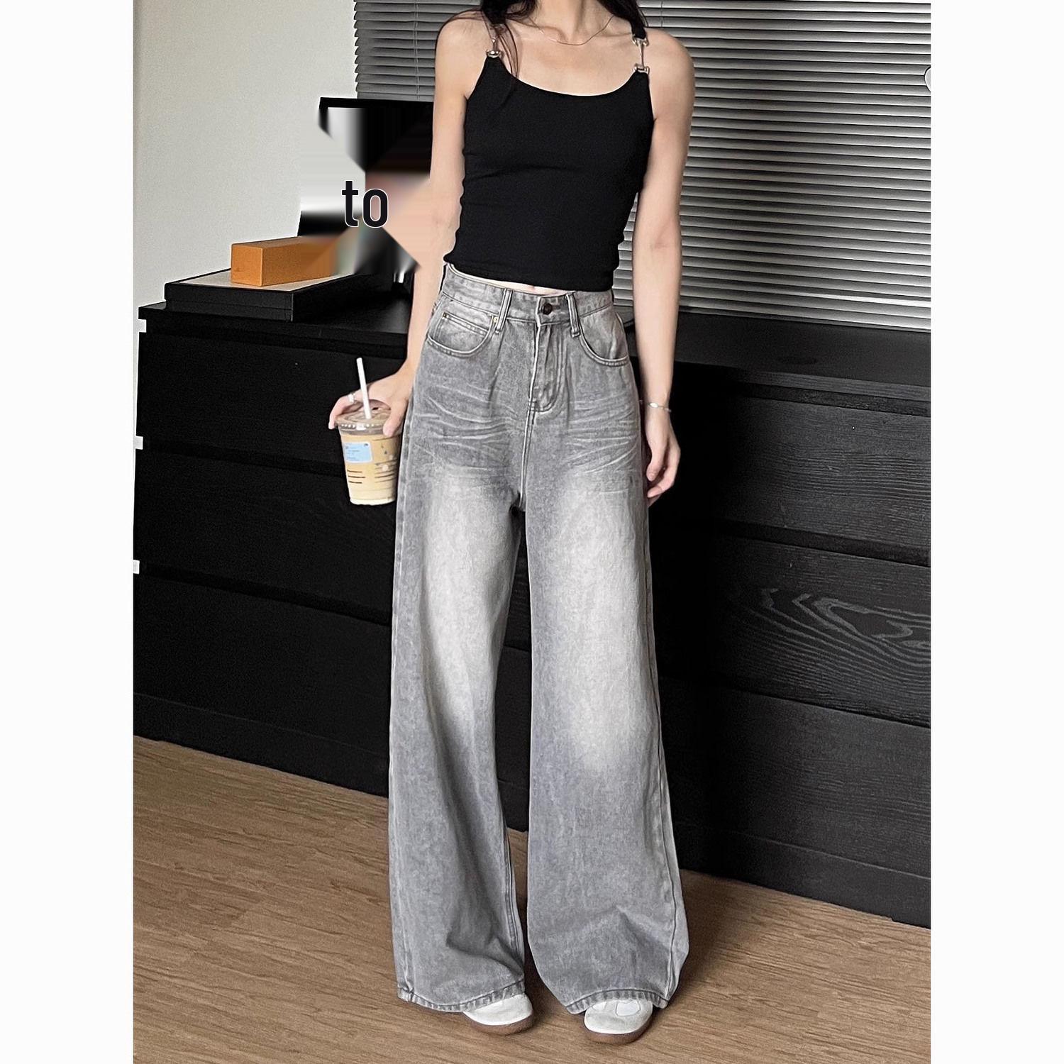 

Женские джинсы широкие штанины цвета американский мокко серый: Летние Ретро Уличные Свободного Кроя, Универсальные Длинные Брюки-Швабры L серый