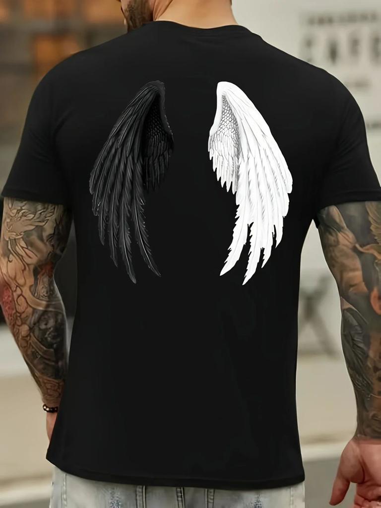 New Mens Loose Comfortable Breathable Round Neck Tshirt with Angel Wing Print Pattern Comfortable Trendy Casual and Soft Top