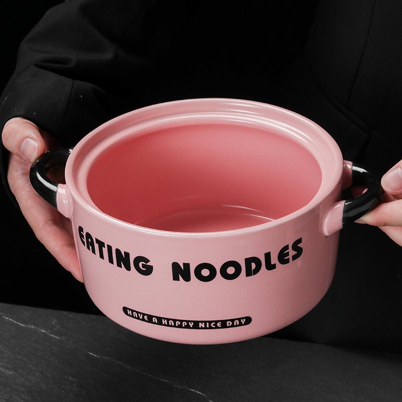 High-value Cute Instant Noodle Bowl with Lid 2024 New Household Binaural Ceramic Soup Bowl Student Dormitory Snail Powder Bowl
