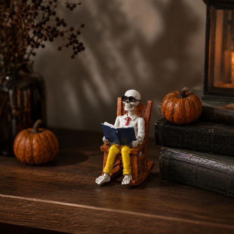 Halloween Rocking Chair Figure for Shelf Display and Room Styling, Skull Home Accent for Bookcase and Entry Placement