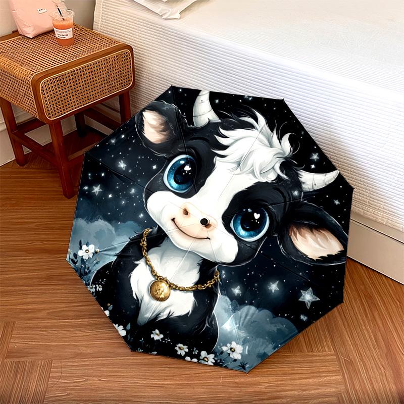 1 Stück Automatischer Faltregenschirm - Niedliches Kuhmuster, Tragbares & Faltbares Design mit 8 Speichen, Weihnachts-Geburtstagsgeschenke