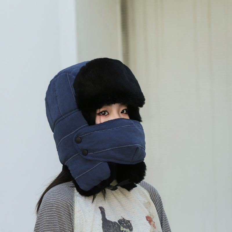 Hat Men's winter real rabbit hair cold-proof women's tide cycling warm fleece thickened cotton hat