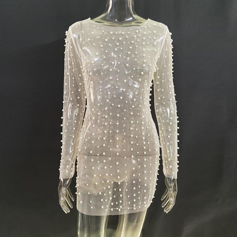 Spring and Summer Women's Size Bubble Beads See-through Mesh Dresses
