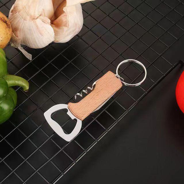 Stainless Steel Bottle Opener with Wooden Handle, Multifunctional 3-in-1 Knife & Can Opener.