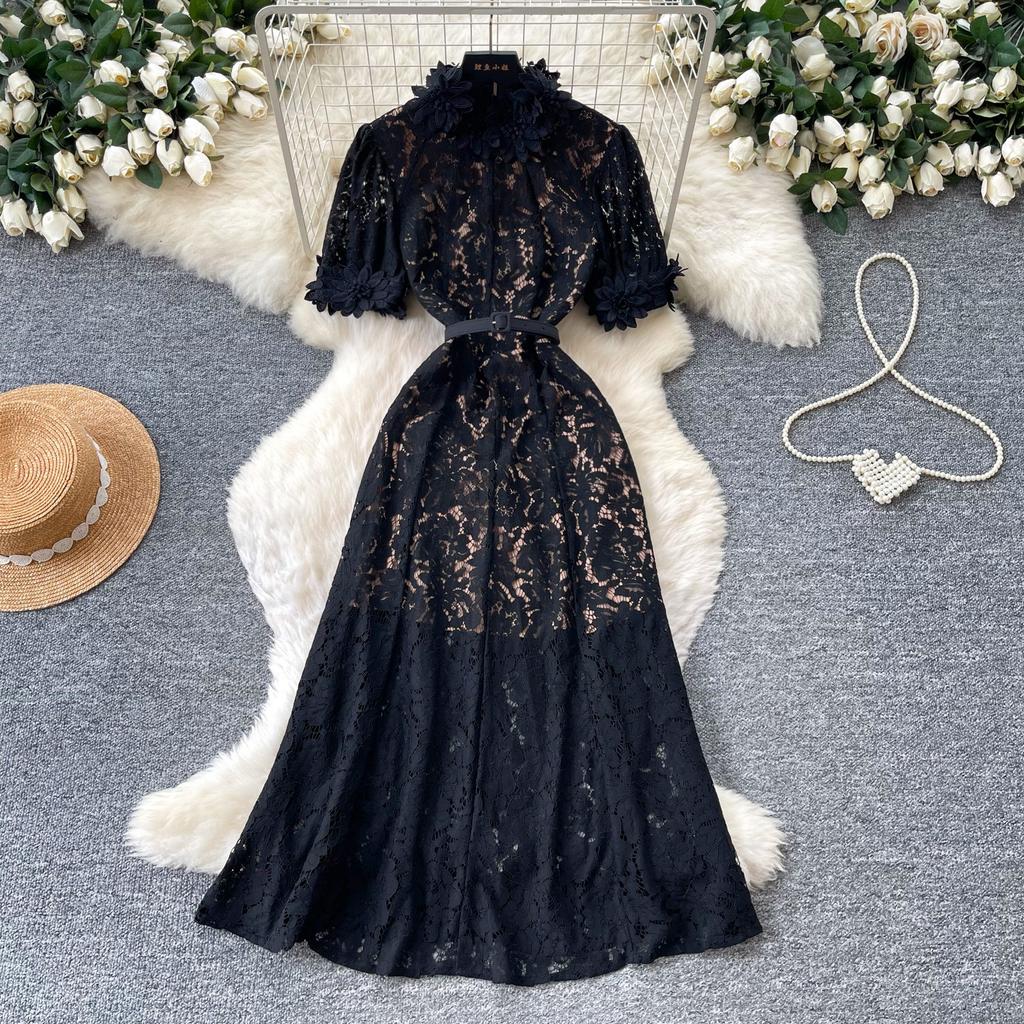 French Romantic Style Pink Lace Dress Women's Summer High Waist Waist A Word Long Dress Commuting Elegance Temperament, Has