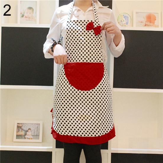 Women Cute BowKnot Dot Aprons Kitchen Restaurant Cafe Bib Cooking With Pocket