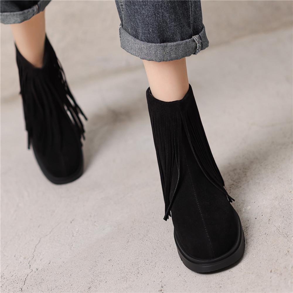 Fashion Ladies Casual Vintage Solid Color Fringe Booties Comfortable Platform Mid Cylinder Round Head Zip Ankle Boots Women Black Brown