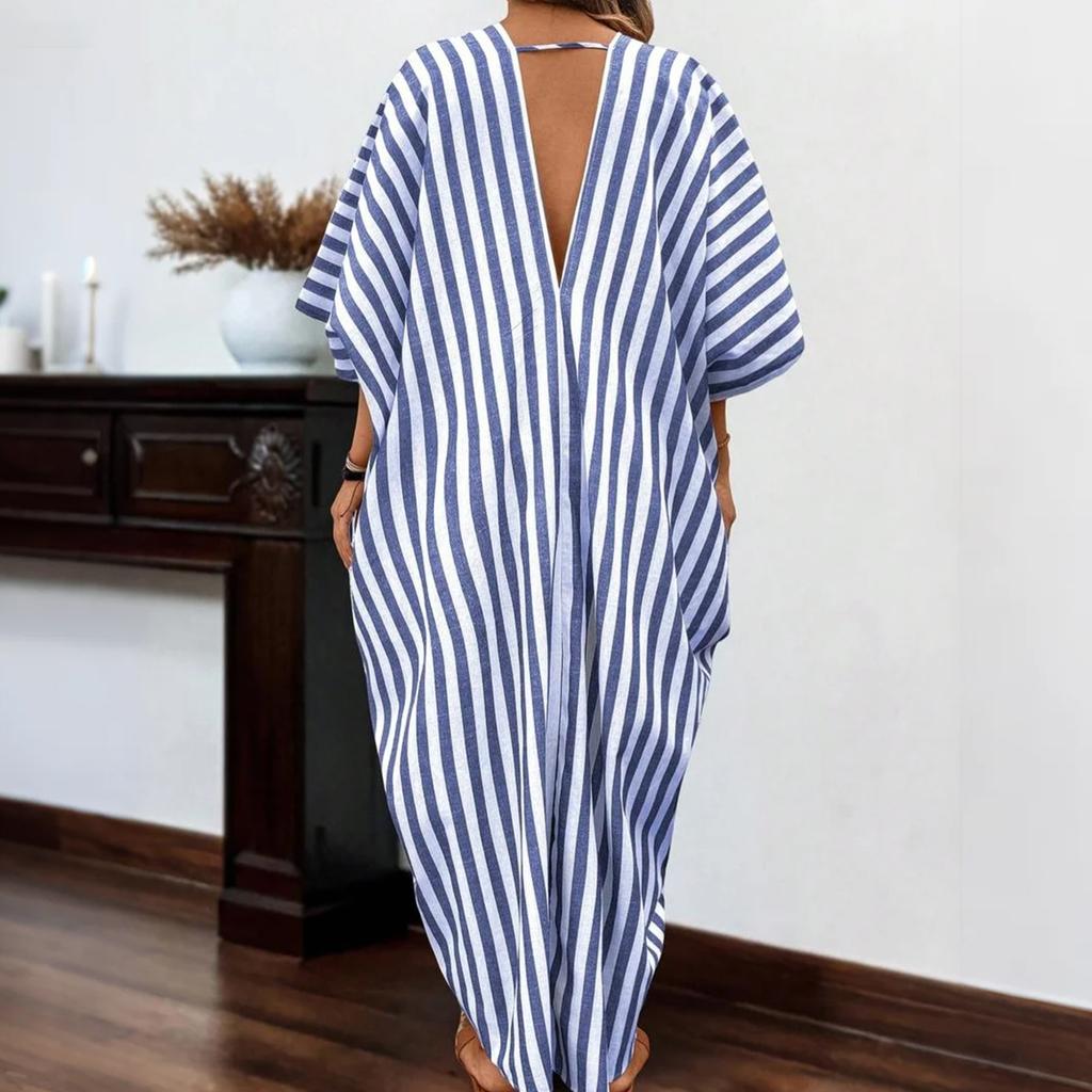 Women's Fashionable Loose Casual V-neck Striped Long Resort Dress