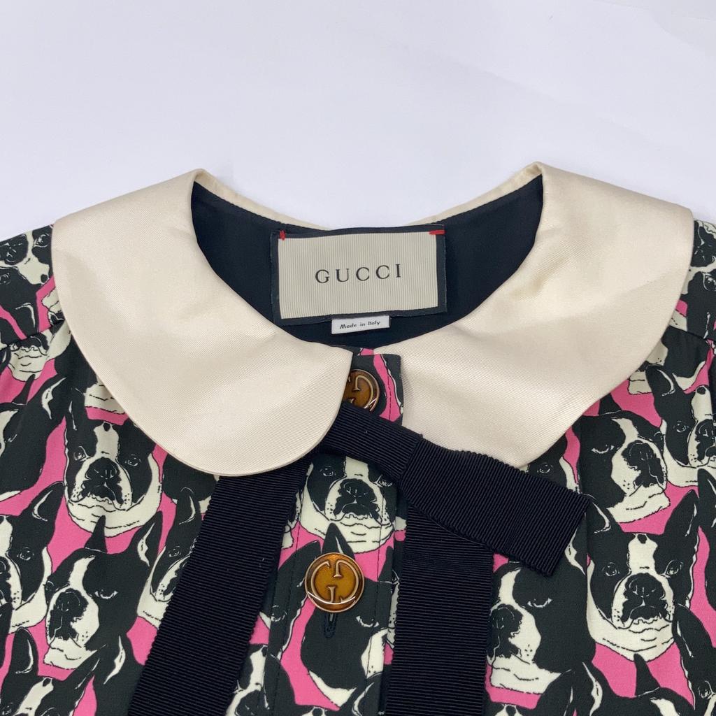GUCCI 516826 2018 Black x Pink Silk Bulldog Dog Print Peter Pan Collar One-Piece dress 38 pink/blackUsed