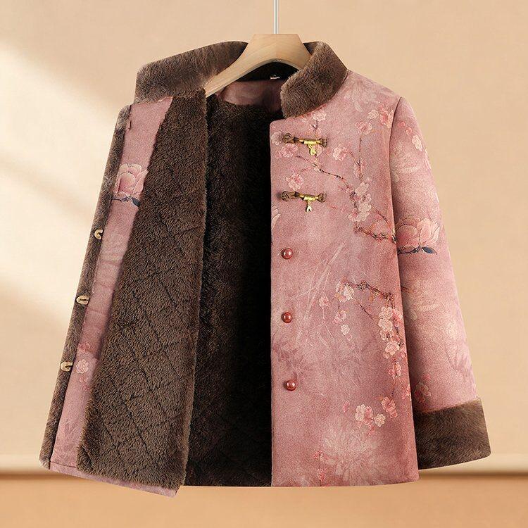 Fur-Lined Autumn-Winter Jacket for Elderly Women - Plus Velvet Chinese Tang Suit Style