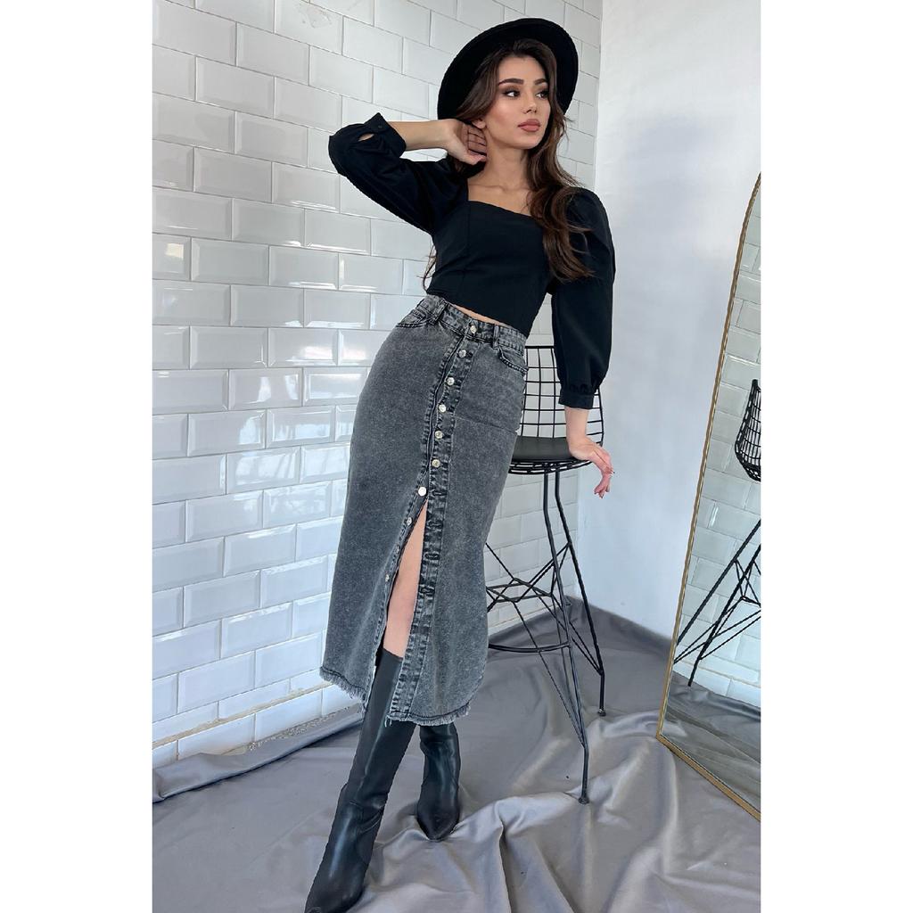 Navy Blue Tasseled Button Detailed Denim Skirt