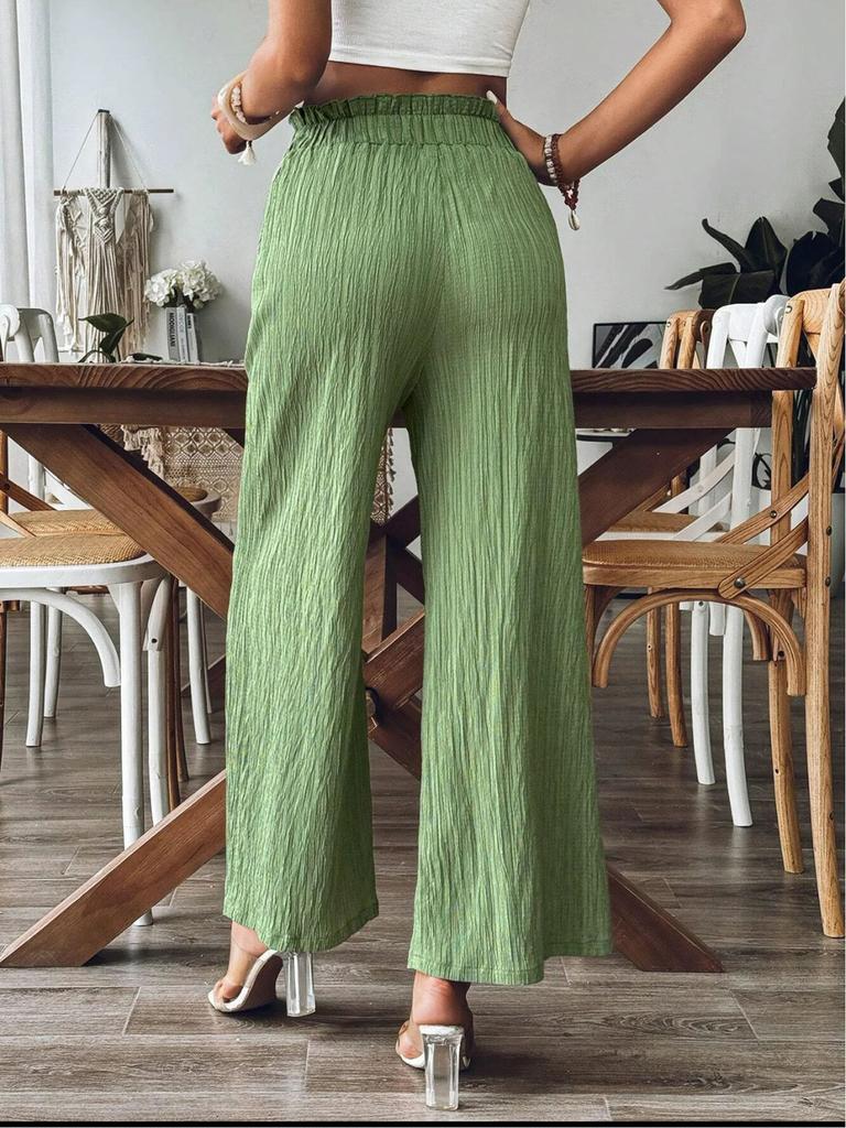 Women Solid Color Casual Straight-leg Pants Loose Elegant Elastic Waist Spring Autumn Pocket Trousers