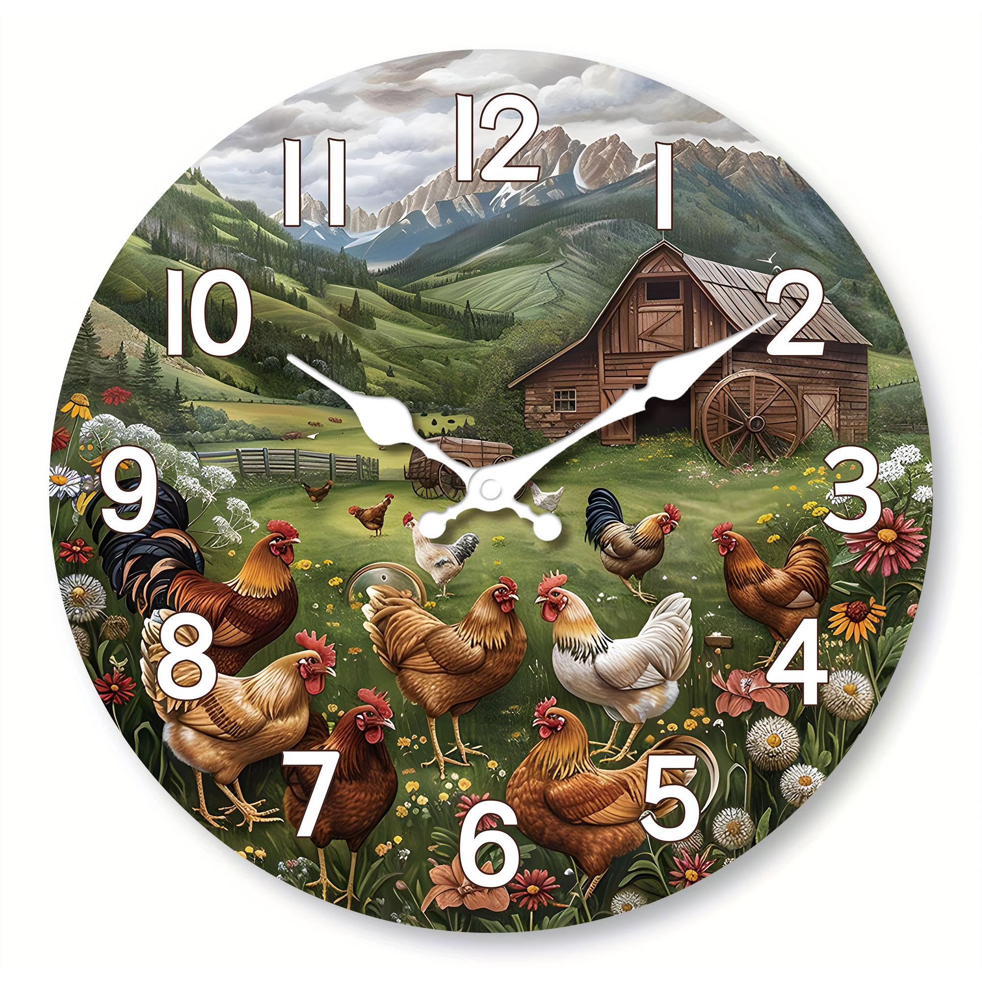 

1pc rustic wooden wall clock, mountain farmhouse and chicken design wall clock, round silent clock, suitable for living room bed 10 inch