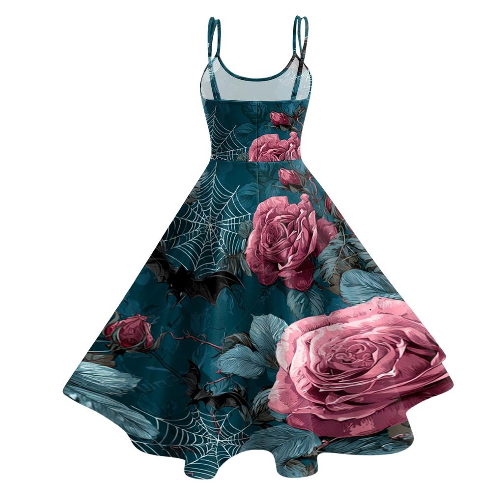 Women's Casual Round Neck Sleeveless Dress with Halloween Print for Party and Daily Wear