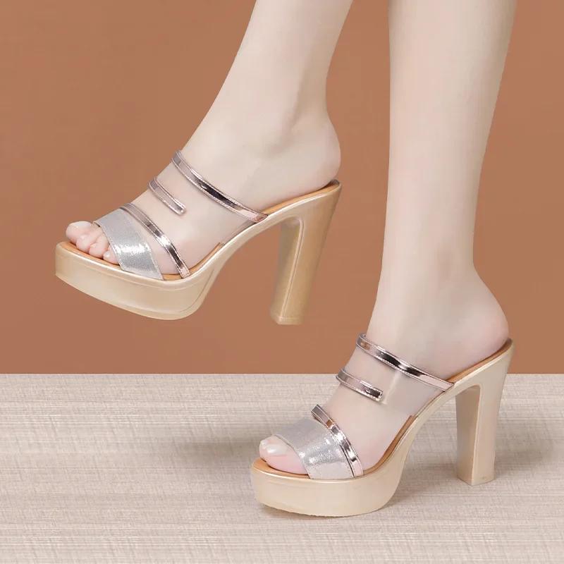 

10cm Small Big Size 32-43 Elegant Office Ladies Block High Heels Slides Platform Shoes 2025 Summer Transparent Slippers Model 32