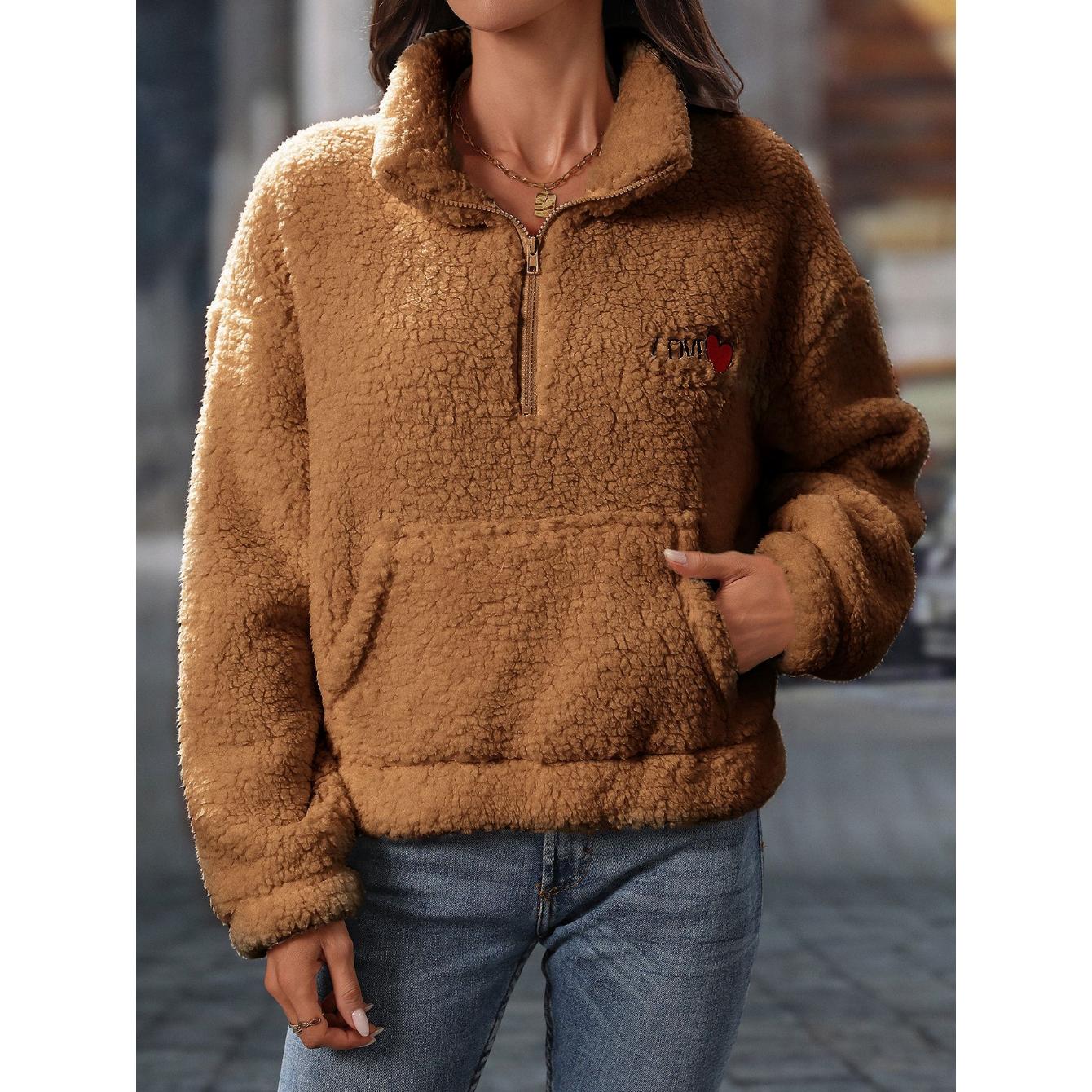 

Женский плюшевый флисовый пуловер на осень-зиму 2025, худи с воротником-стойкой на молнии до середины груди, оверсайз посадка, уютный повседневный уличный топ для зимнего комфорта XXL коричневый