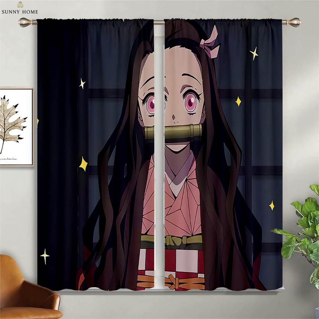 Cartoon Anime Printed Curtains Suitable For Children's Room Dormitory Study Window Decoration Curtains Home Decoration 2 Pieces