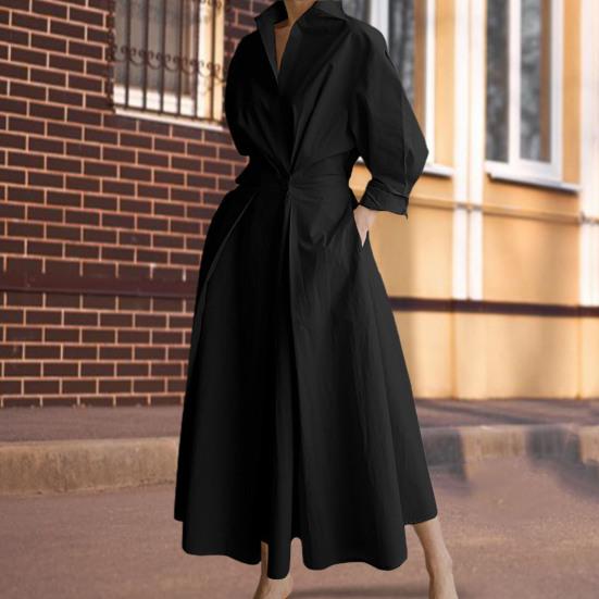 Women's Long Sleeve Button Down Shirt Dress Casual A-Line Midi Dress Loose Fit Lapel Collar Long Dress for Office Parties And Beach