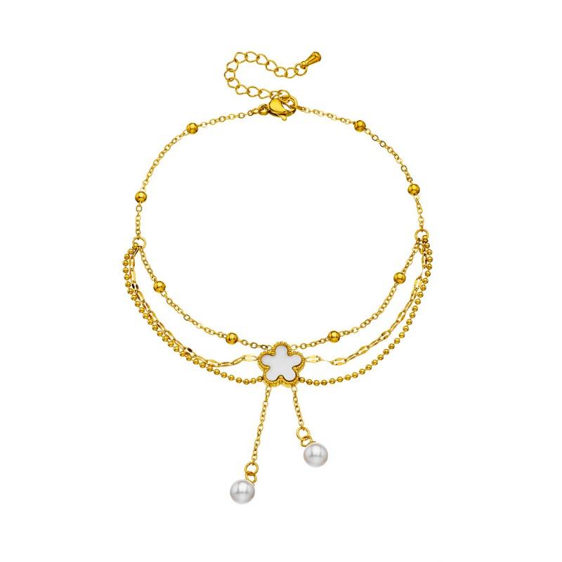 Gold Multi-layer Clover Charm Anklet with Pearl Drop