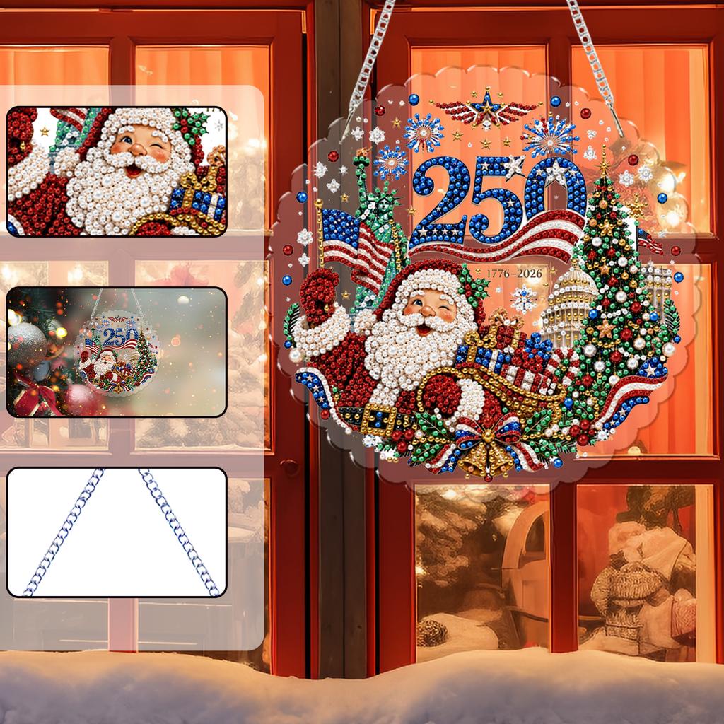 DIY Christmas Pearl Art Kit Acrylic Round Pendant with 3D Pearl Beads Chain Hanging Diamond Painting Craft for Festival Decor