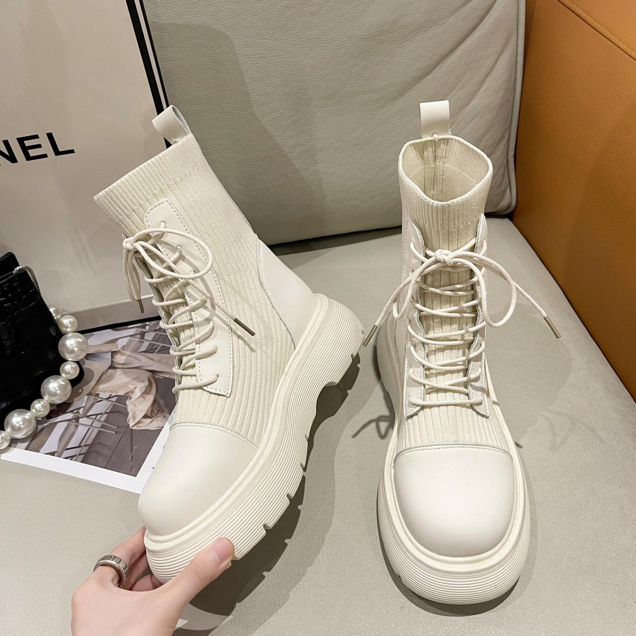 

Knitted Martin boots women s high heels 2025 autumn and winter new thick-soled thick-heeled short boots Korean version lace-up thin elastic socks boot 40