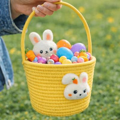 Cartoon Easter Gift Basket Hand-Woven Cotton Thread Easter Bunny Basket Long Handle Multi-Purpose Gift Storage Basket Home Decor