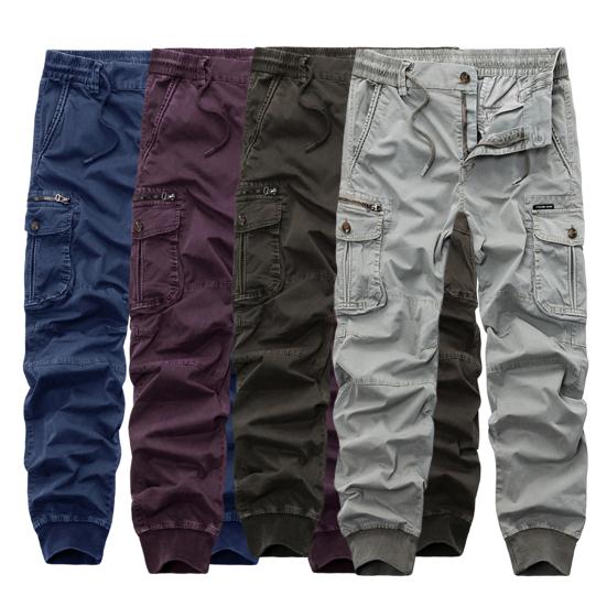 Men Cargo Pants Solid Color Zipper Fly Multi Pockets Drawstring Elastic Waist