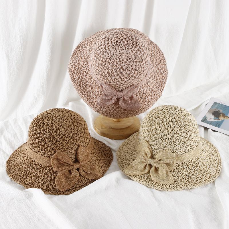 Handmade Women's Straw Panama Hat with Bowknot Detail - Foldable Wide Brim UV-Protected Sun Cap for Summer Beach