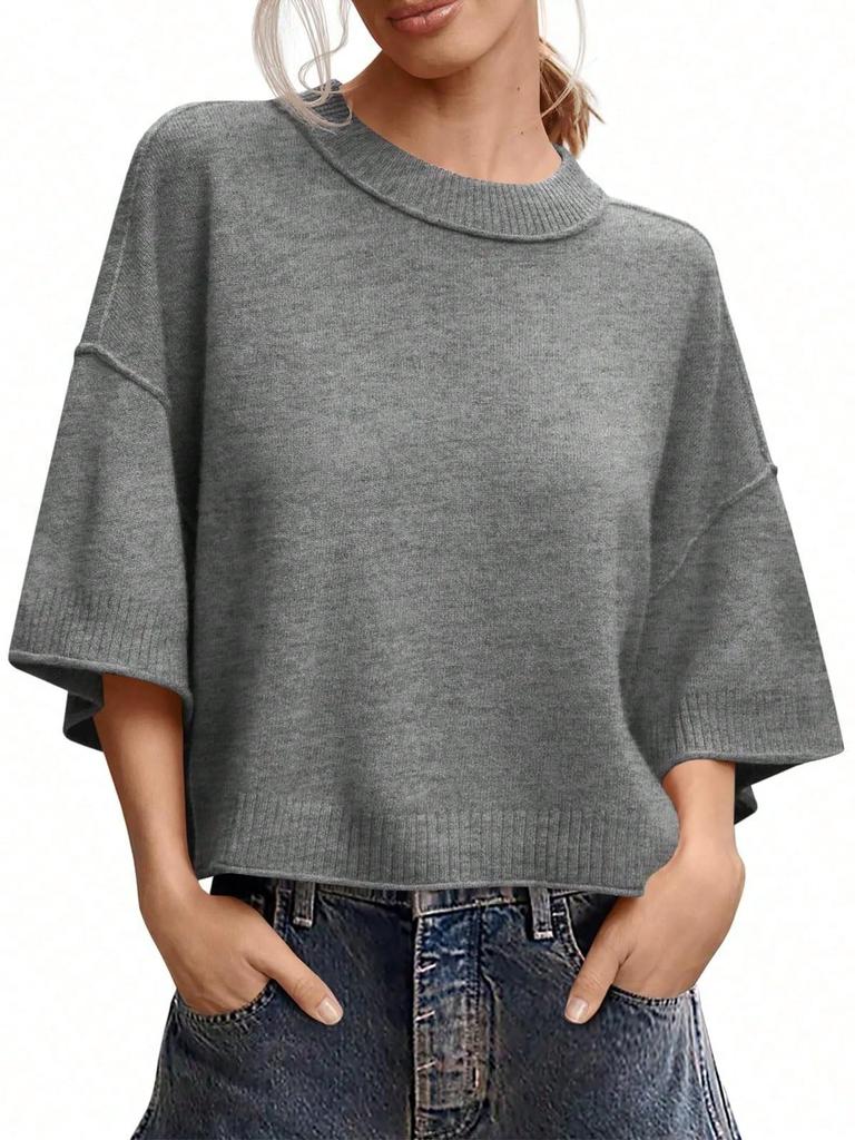 Women's Oversized Cropped Knit Sweater Short Sleeve Crew Neck Lightweight Summer Top