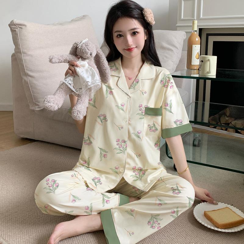 Imitation cotton pajamas women's summer new fashion casual cardigan short-sleeved trousers large size autumn loungewear