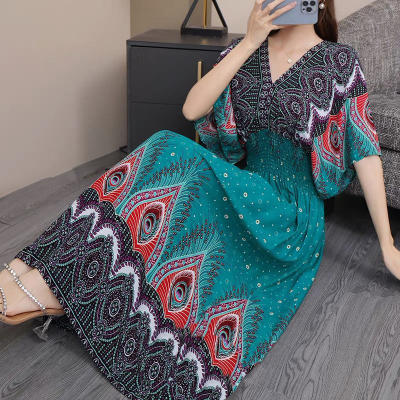 Casual Elegant Retro Bohemian National Style V-neck Elastic  Waist Large Swing Printed Summer Long Skirt Woman Dress Clothes