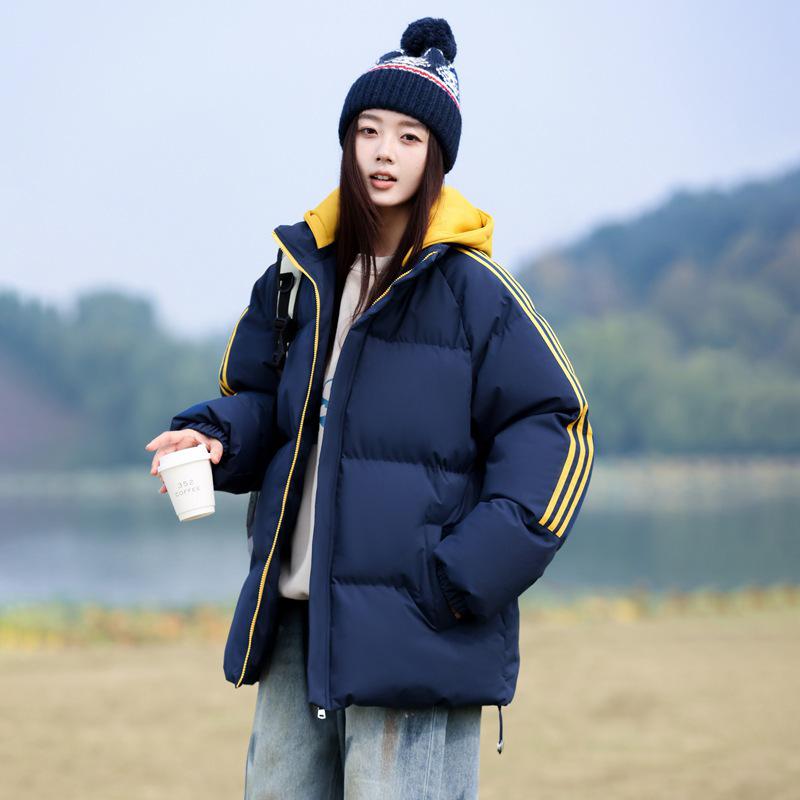 Men's 2025 Winter Casual Hooded Cotton Jacket - Fake Two-Piece Design with Three Stripes, Thick and Warm Padding.