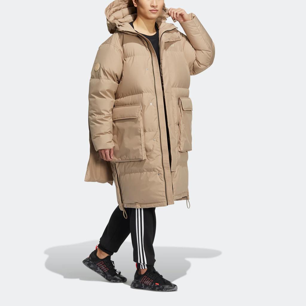 adidas Originals Trefoil Long Down Jacket With Pure Zip Hooded Mid-Length Men Outerwear Khaki HS7290