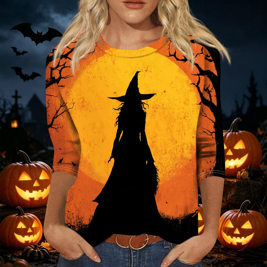 Women's Halloween Print 3/4 Sleeve Shirt Loose Fit Casual Round Neck Pullover Top Lightweight Comfortable Fabric Suitable for Daily Wear