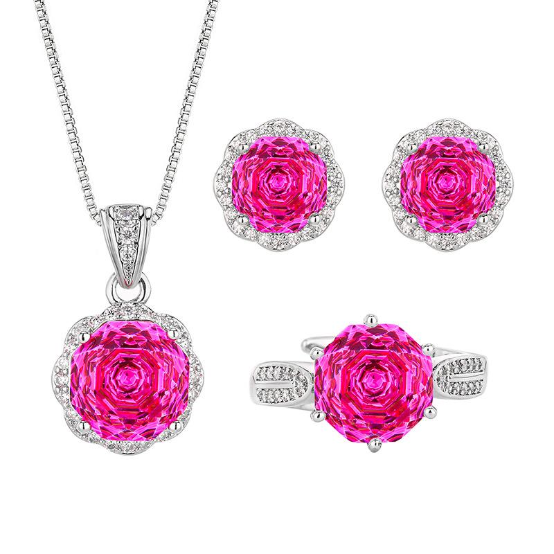 Set, Stud Earrings, Necklace, Ring, Octagonal Millennial Rose, Cut Rose Red, Simple And Versatile Piece For Women