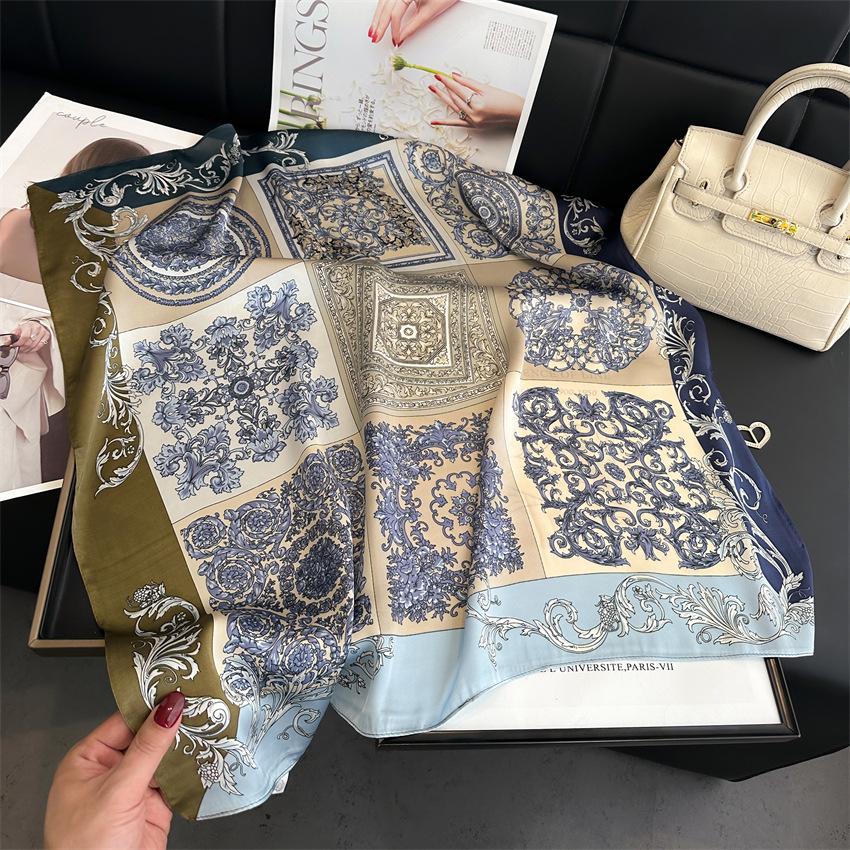 Elegant Ginkgo Leaf Print Silk Square Scarf – Versatile Headscarf for Spring and Summer