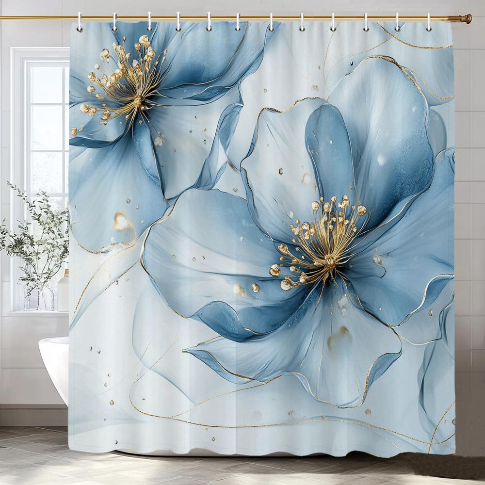 Beautiful Blue Flowers Shower Curtain, Floral Art Bathroom Decorative Shower Curtain, Print Polyester Fabric Curtain with Hooks