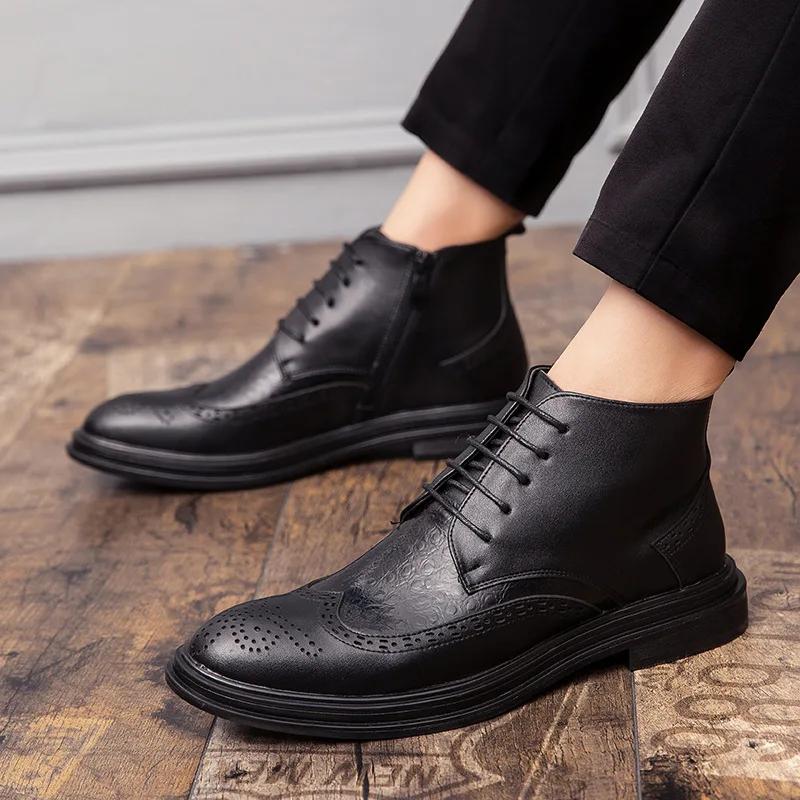 Business Chelsea Boots Mens Winter Ankle Boots Men Leather Zipper Side Thick Artificial Fur Snow Boots Men Winter Dress Shoes