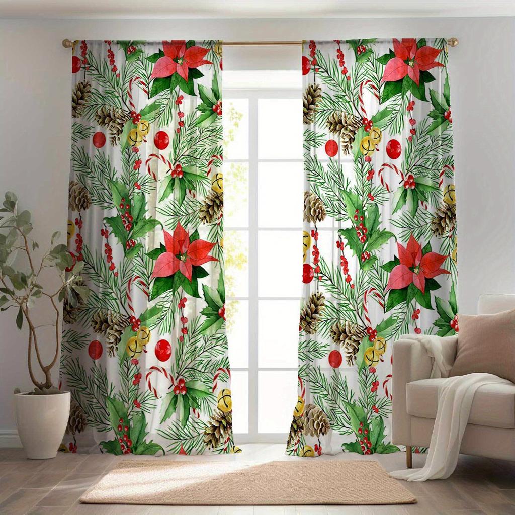 Glam Christmas Curtains Semi-Sheer Polyester Rod Pocket Drapes with Festive Holiday Print for Living Room Bedroom Window Decor