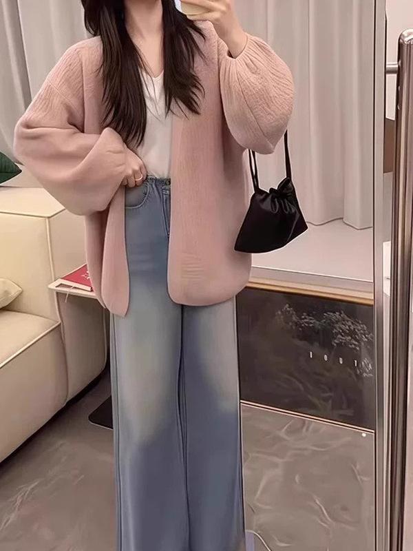 Bark pattern bubble sleeve knitted cardigan for women's autumn and winter new lazy meat-covering and thin sweater versatile jacket for women