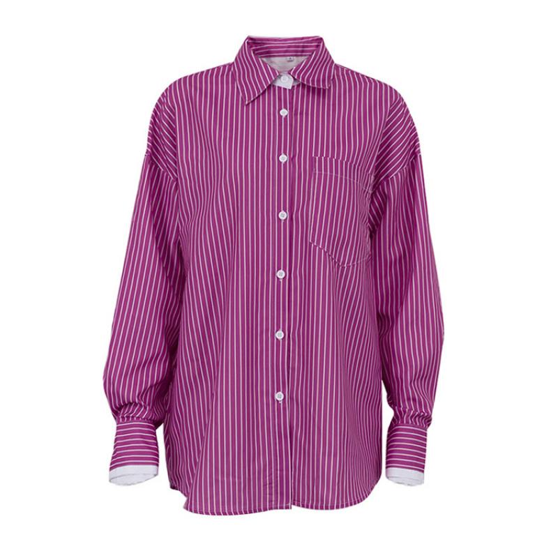 Spring 2026 New Women s Tops Simple Casual Color-Block Striped Long-Sleeve Shirt S розовый