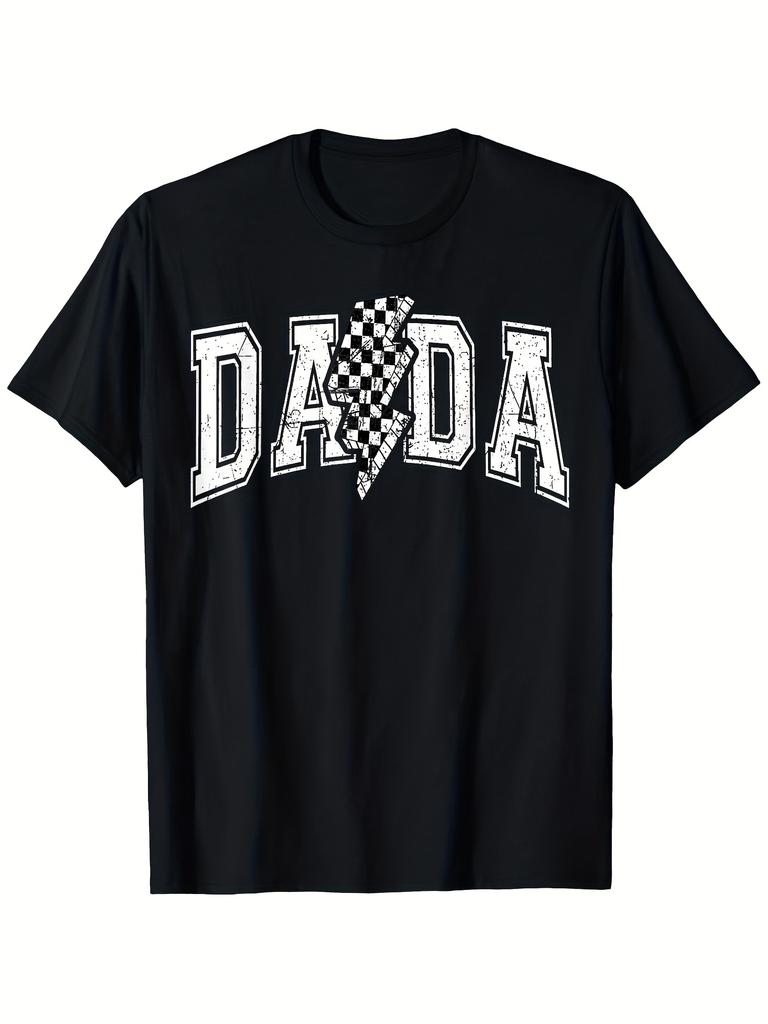 Dada & WoBlack Casual Short Sleeve T-shirt - Bold DADA Graphic with Plaid Lightning Design