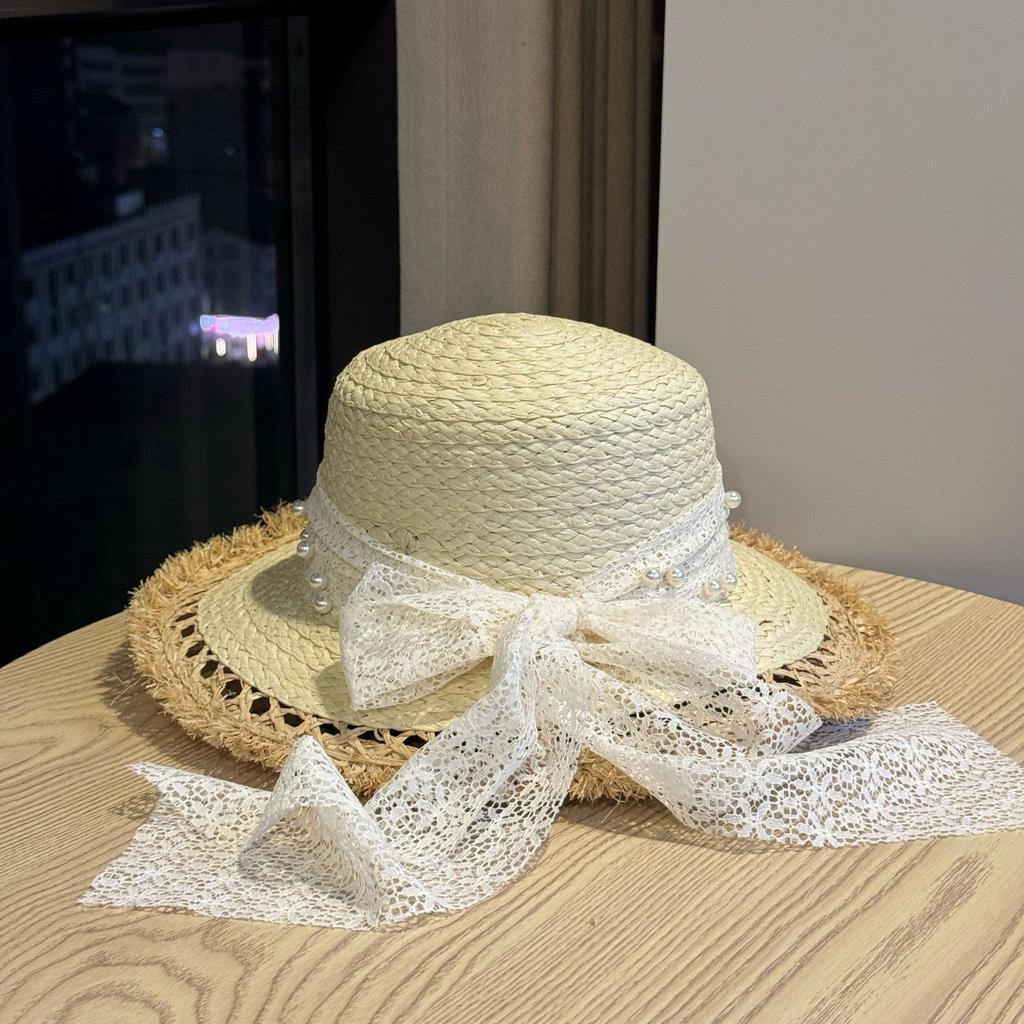Elegant lace pearl bow summer seaside travel vacation photo show face small shade Lafite straw hat sun hat
